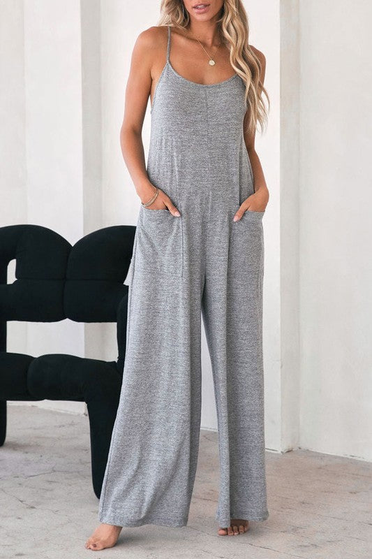 Jumpsuit, Spaghetti Strap, Grey or Black, with Pockets, Wide Leg