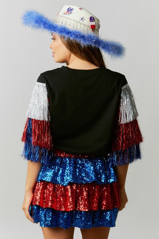 Top, AMERICA Patch, Sequin and Red/White/Blue Foil Tassel Sleeves