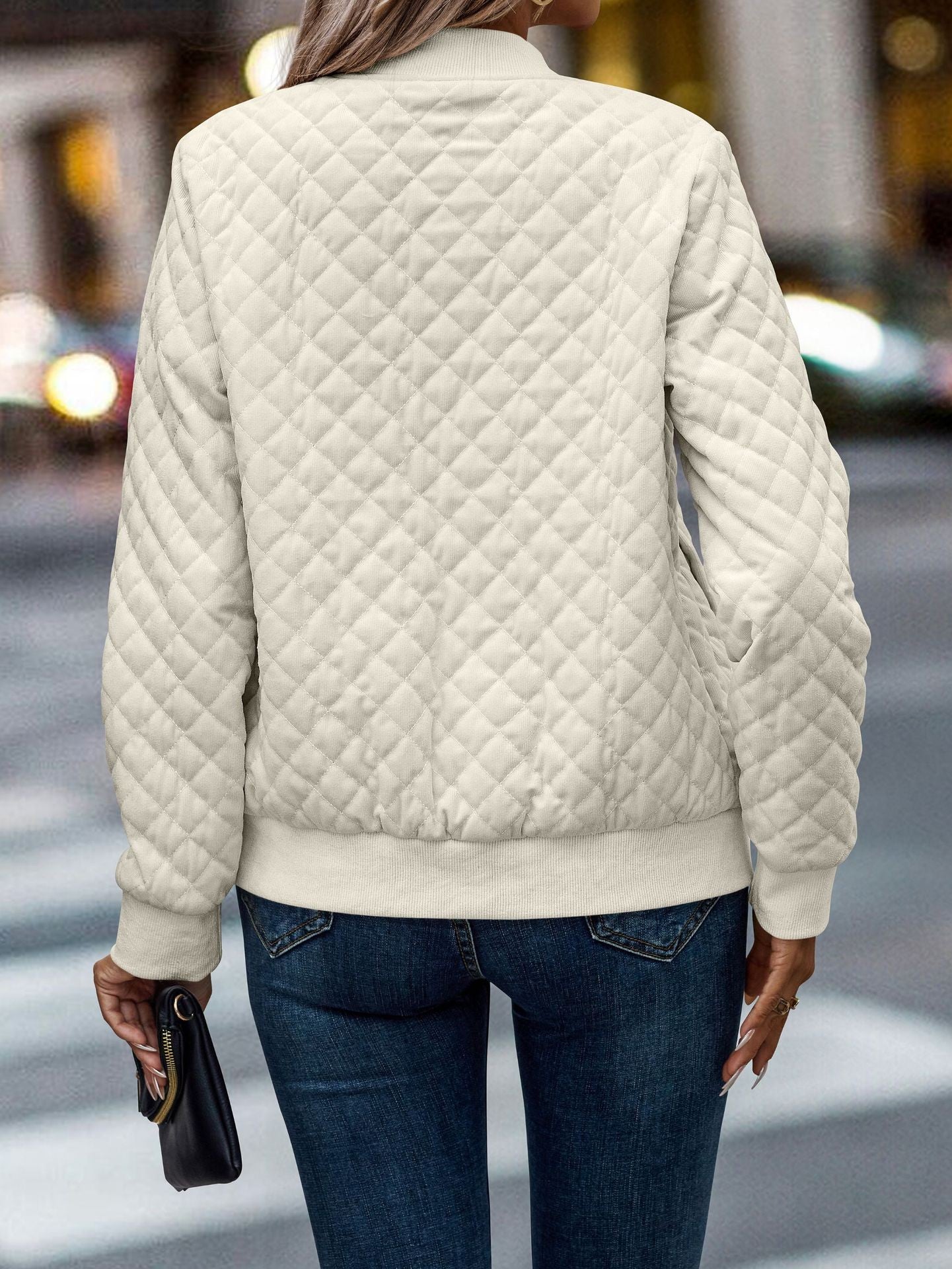 Jacket, Bomber Style, Quilted, Snap Buttons, Cream, Regular and Plus