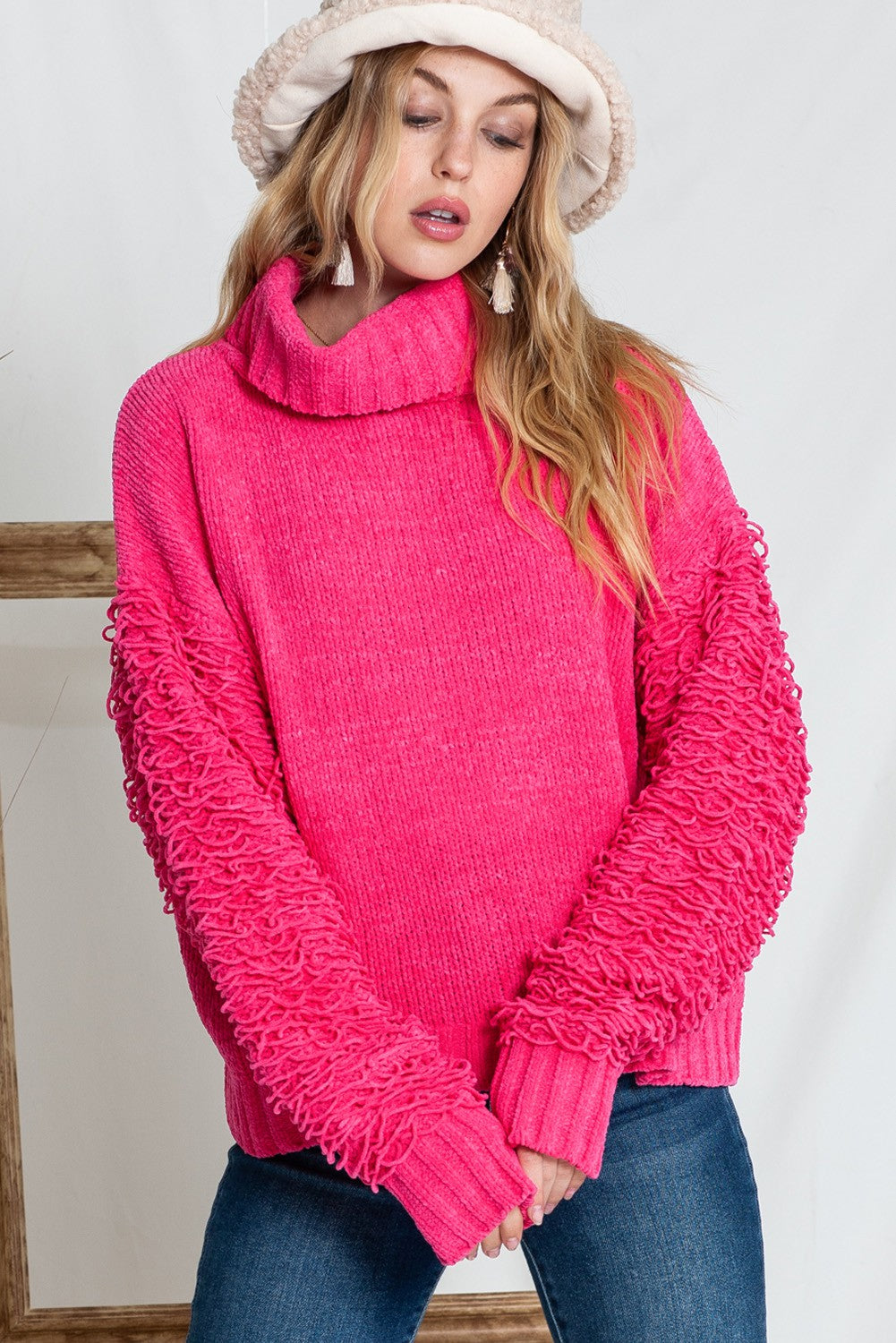 Sweater, Turtleneck, Fuzzy Sleeve, Pink, Regular and Plus if