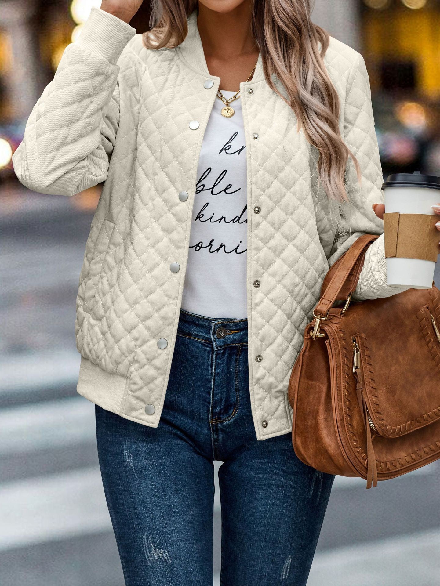 Jacket, Bomber Style, Quilted, Snap Buttons, Cream, Regular and Plus