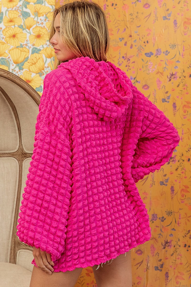 Hoodie, Bubble Texture, Balloon Sleeves, Bright Pink, Regular and Plus