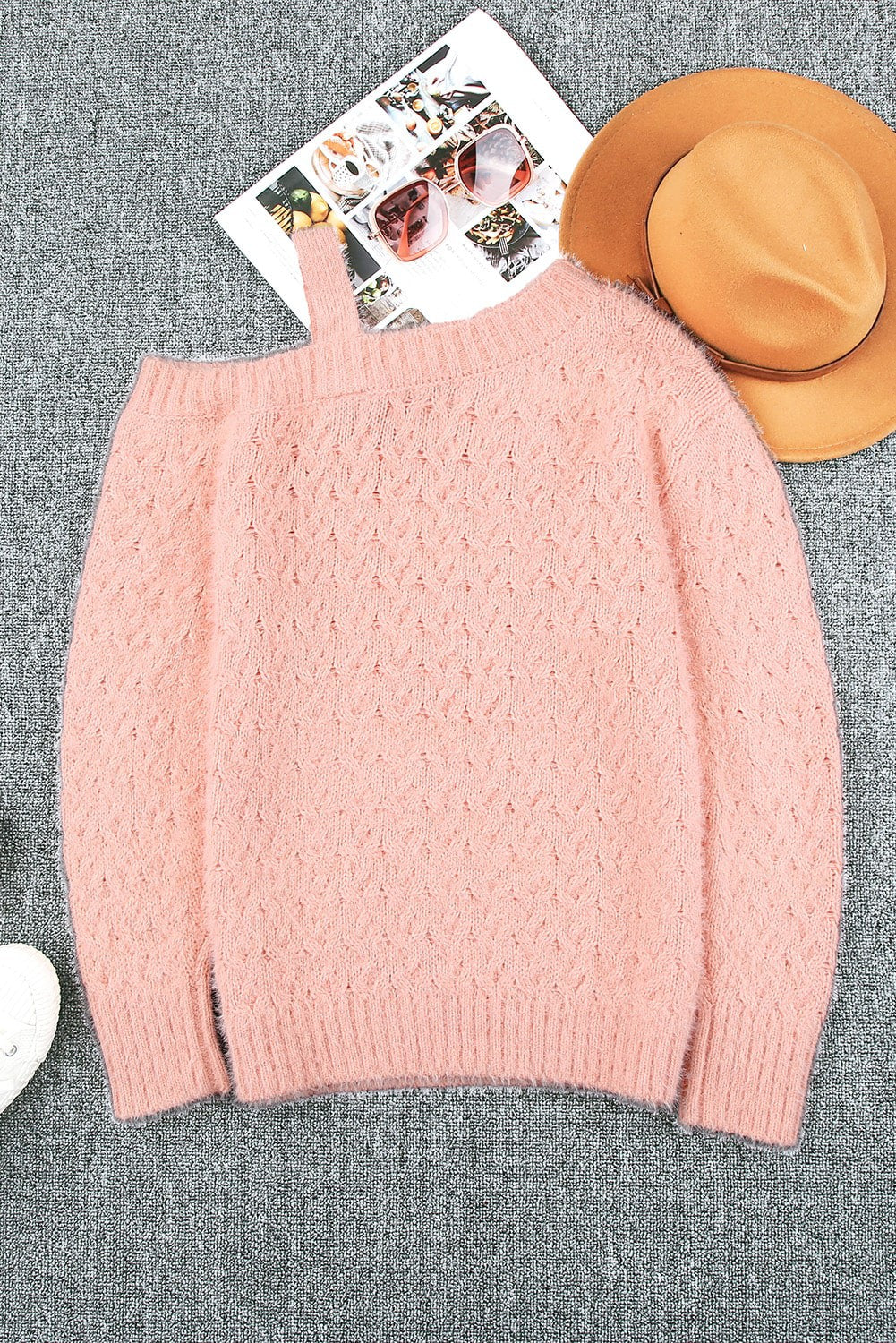 Sweater, One-sided Shoulder Cutout, Pink, Regular and Plus