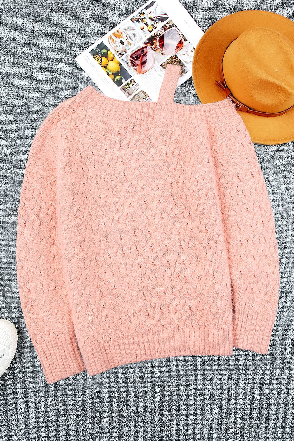 Sweater, One-sided Shoulder Cutout, Pink, Regular and Plus