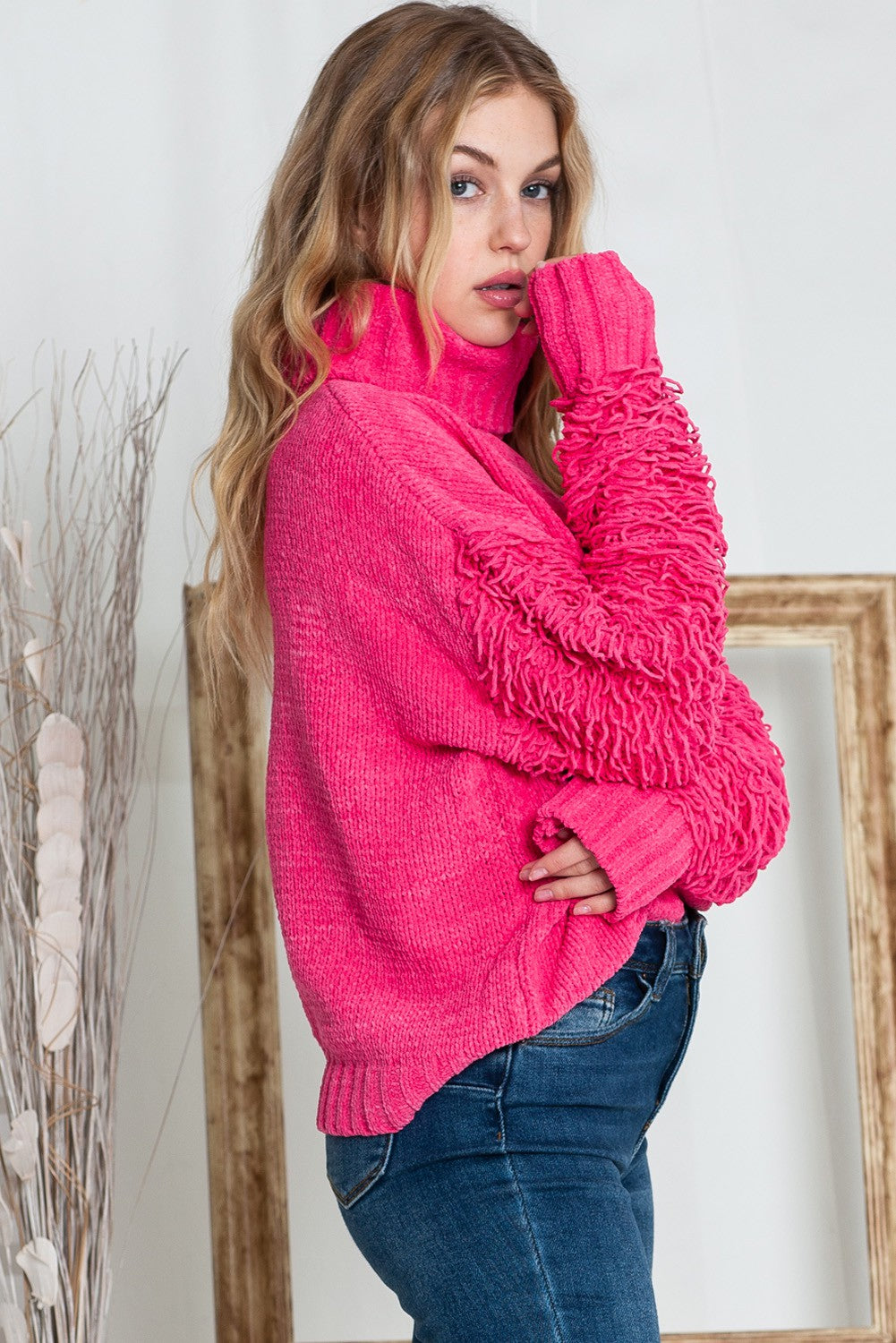 Sweater, Turtleneck, Fuzzy Sleeve, Pink, Regular and Plus if