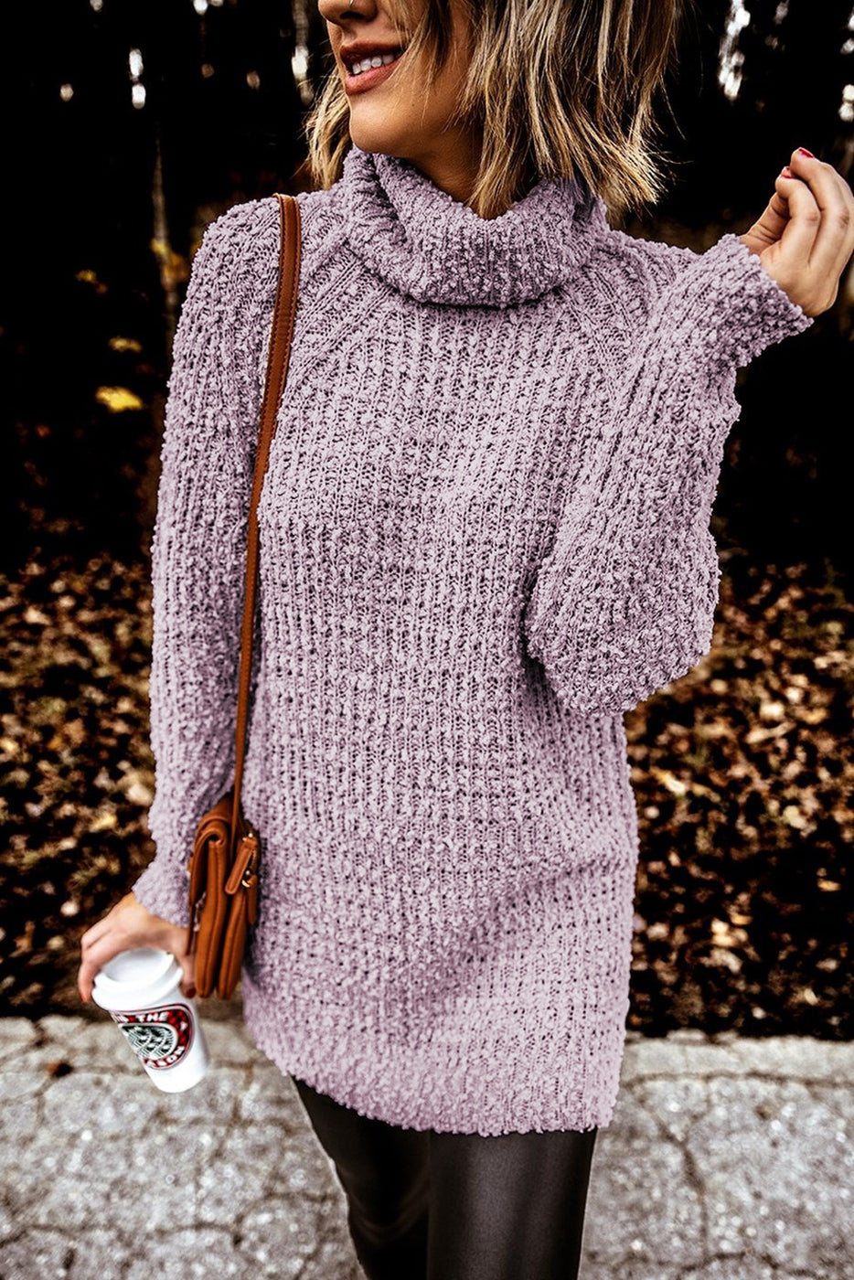 Sweater, Long Length, Turtleneck, Popcorn Knit, Lavender, Regular and Plus Sizes