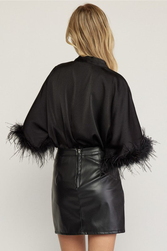 Bodysuit Top, Black, Satin, 1/2 Sleeve with Feather Trim