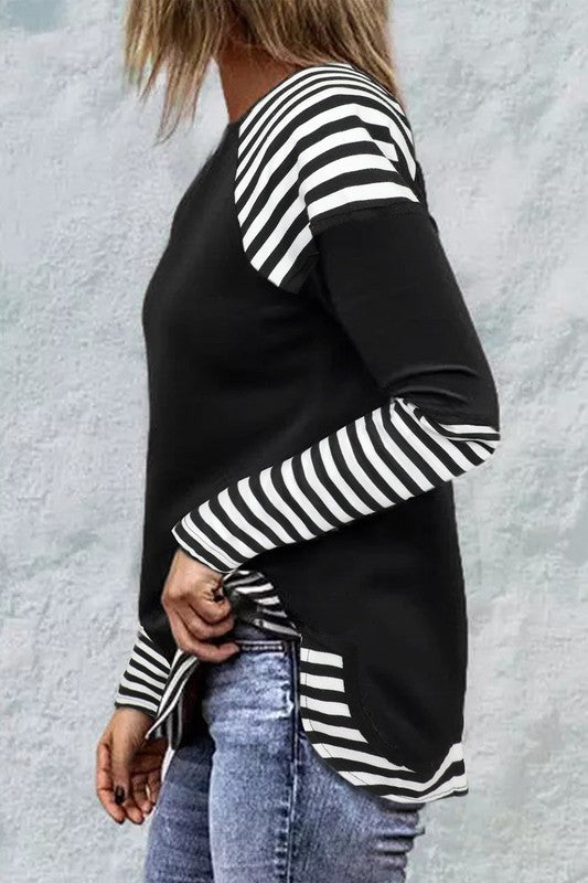 Top, Long-Sleeve, Black with Black and White Stripes