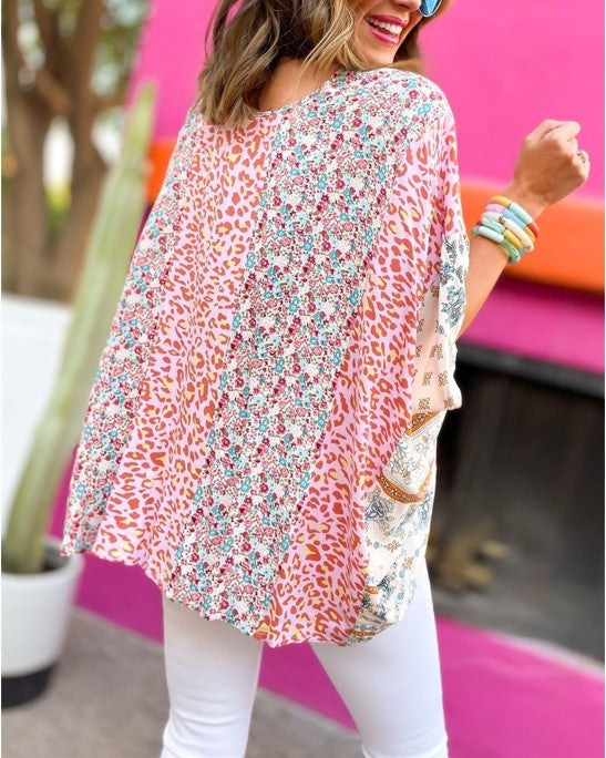 Top, Kimono Style, Pink, Mixed Pattern, Regular and Plus