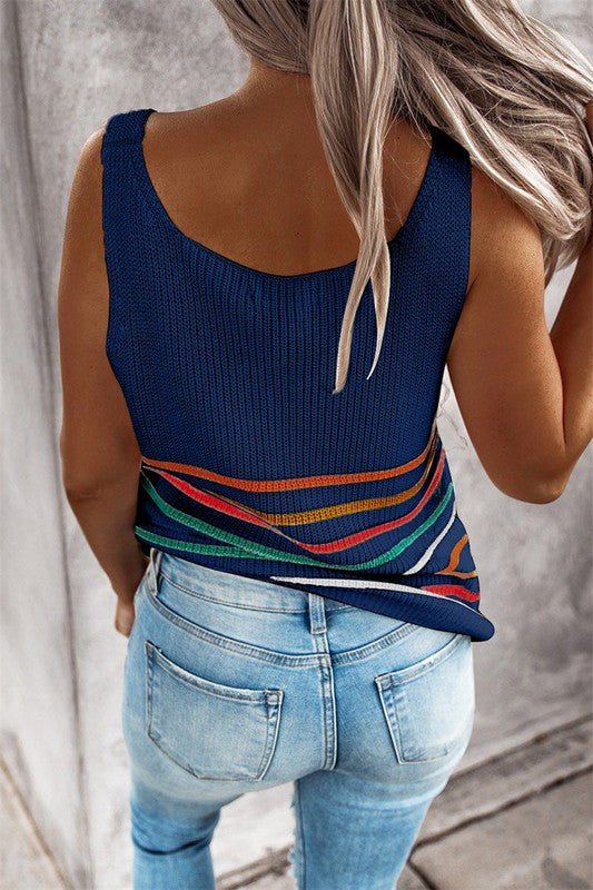 Tank, Sweater, Bright Navy w/Colored Stripes, Regular and Plus