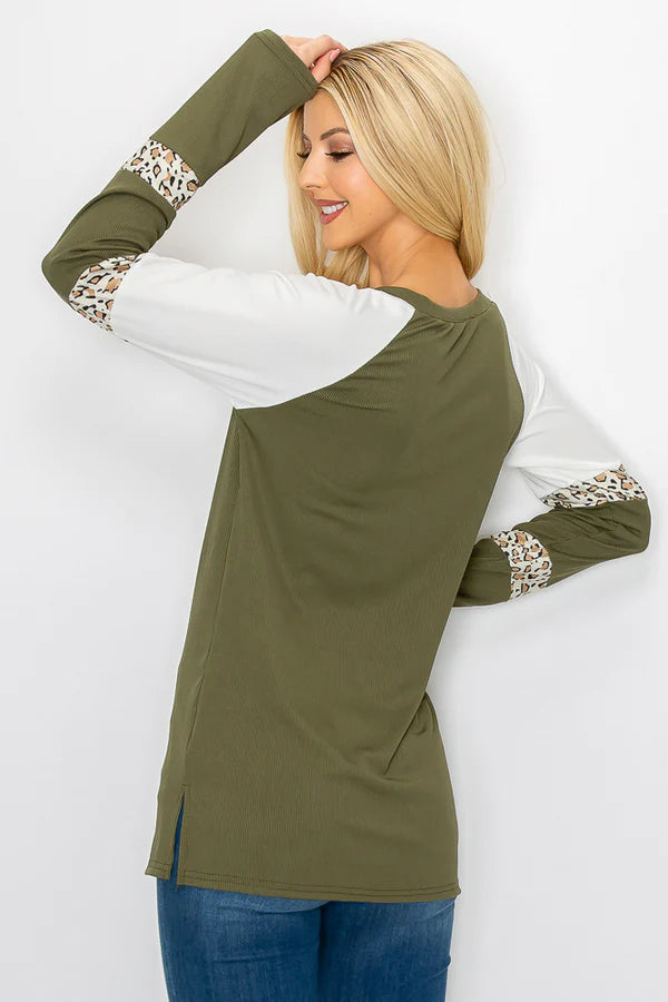 Shirt, Long-Sleeve, Olive, Leopard Color Block