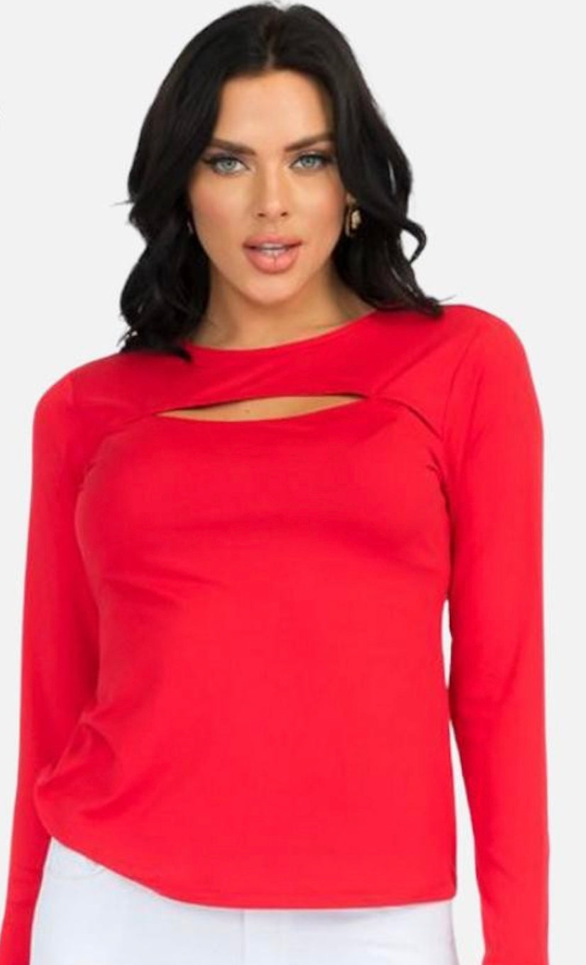 Peek-a-Boo Crew Neck Top, Long-sleeve, Black or Red