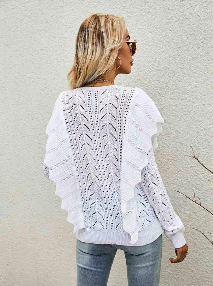Sweater, White, Ruffle Accents