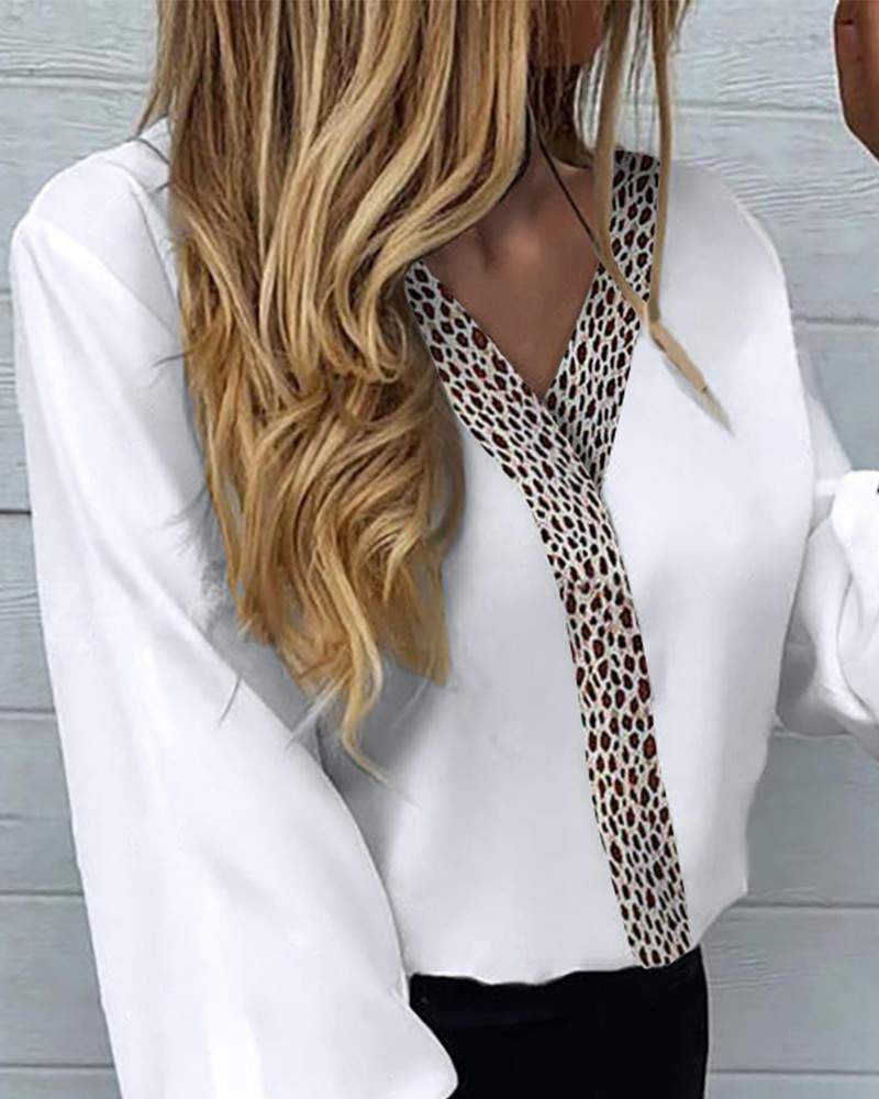 Top, V-Neck, Lantern-Sleeve, White with Cheetah-Print Accents
